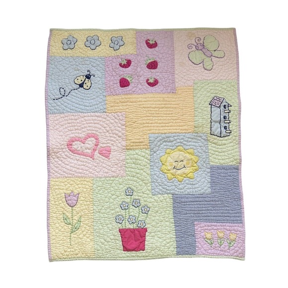 Baby Sprockets Pastel Green Yellow Flower Butterfly Heart Square Blanklet Quilt - Picture 1 of 10